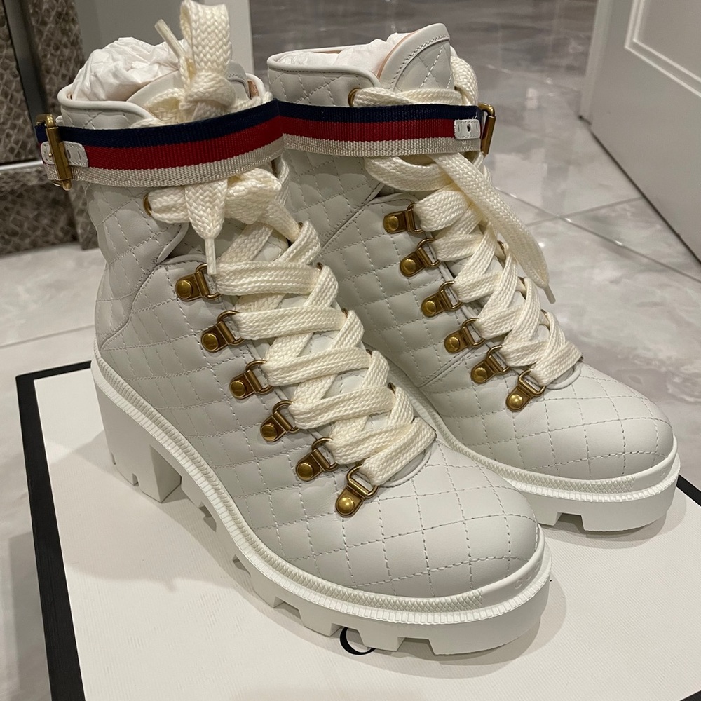 Gucci Sylvie Web Accent Leather Lace up Boots